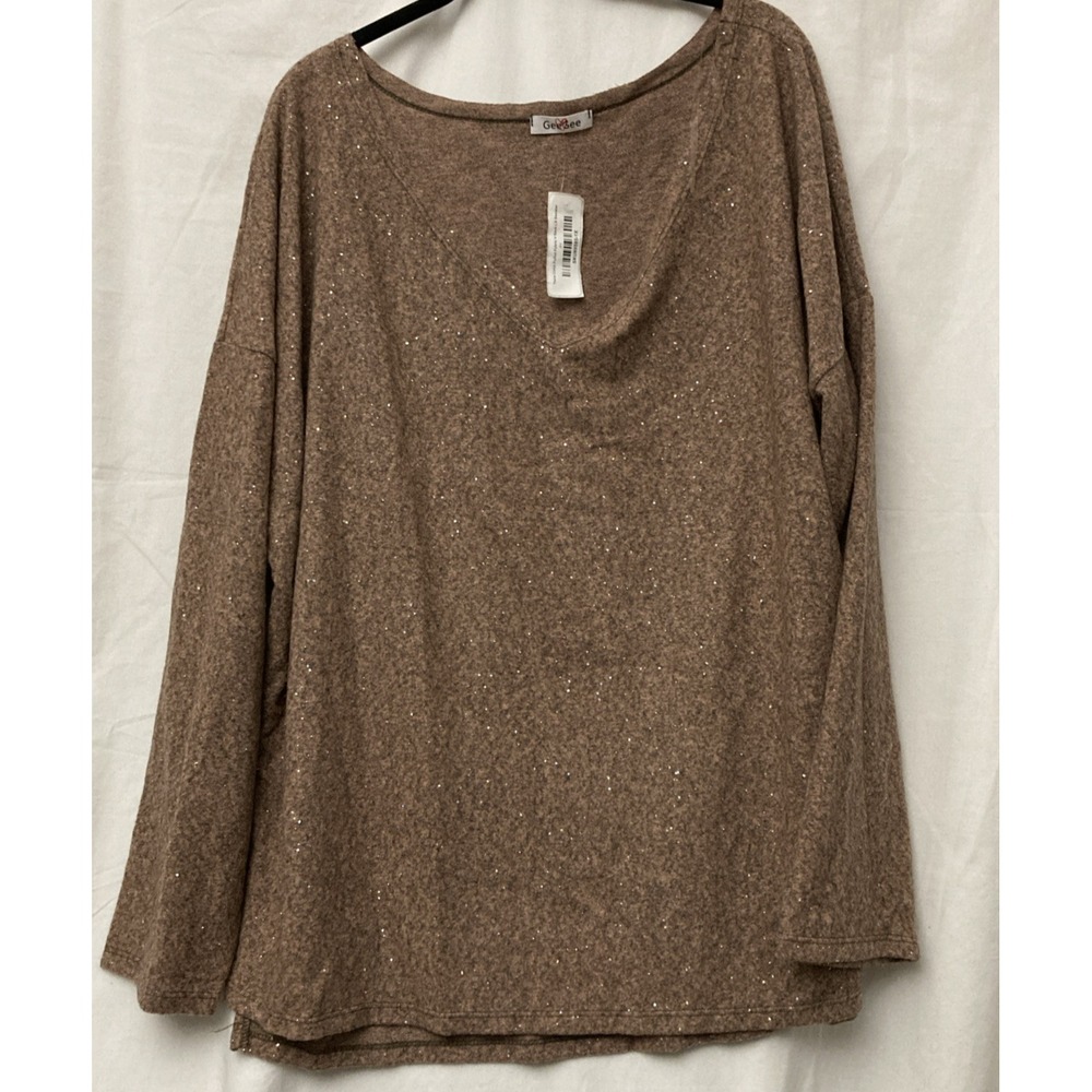 NWT GeeGee Women's Terra Cotta Sparkling‎ Long Sleeve V-Neck Sweater - SZ 1X